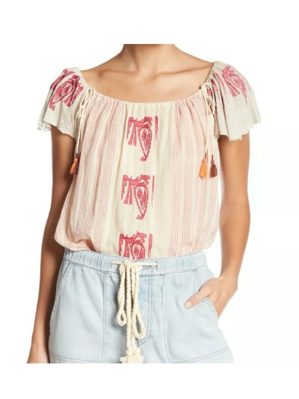 Free People Pukka Embroidered Peasant Tee Bohemian in Sand Size XS